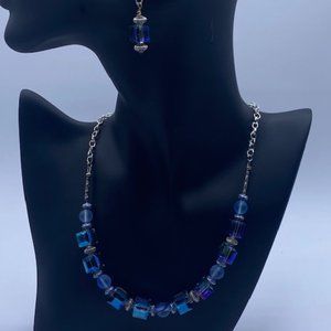 Blue Agna Glass Bead Necklace W/Earrings